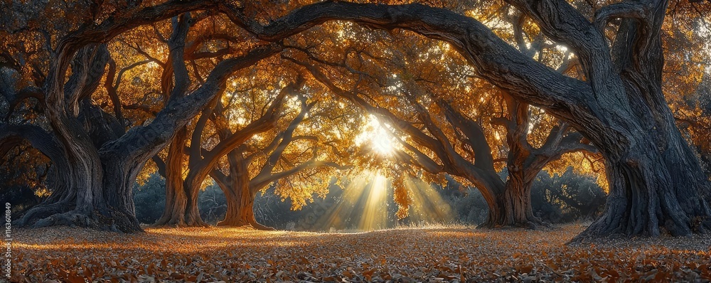 Poster mystical trees concept. a serene autumn forest with sunlight filtering through vibrant trees, creati