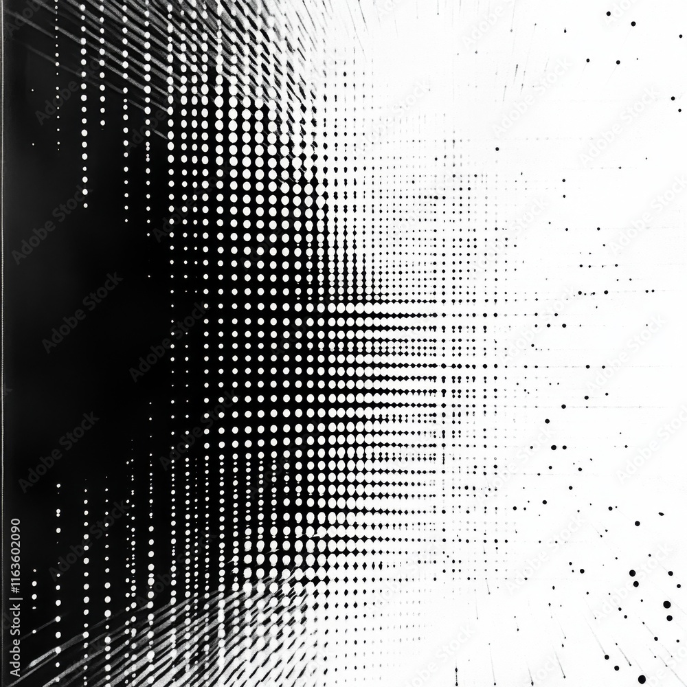 Poster abstract black and white halftone pattern with radiating lines and dots, creating a sense of depth a