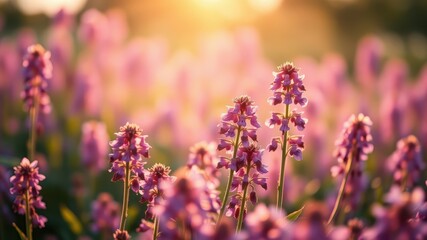 Fototapeta premium Golden Hour Meadow Flowers Delicate Pink Blossoms Basking in Sunset Light