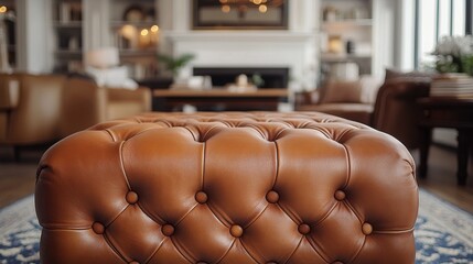 Obraz premium Elegant leather ottoman in a cozy, modern living room setting with warm lighting and stylish decor