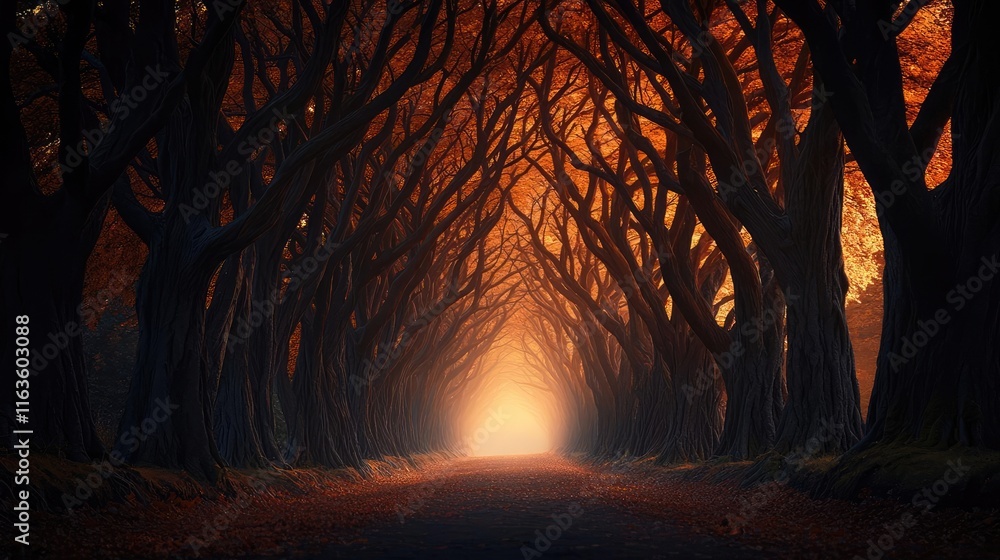 Poster mystical trees concept. a captivating forest path illuminated by warm autumn light and framed by tal