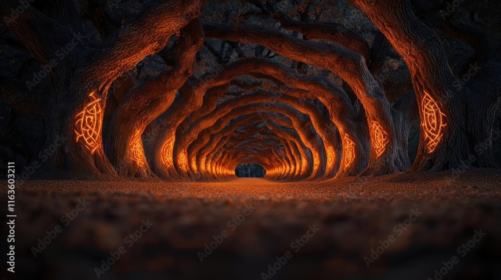 Poster mystical trees concept. mysterious illuminated tree archway leading to an enigmatic path.