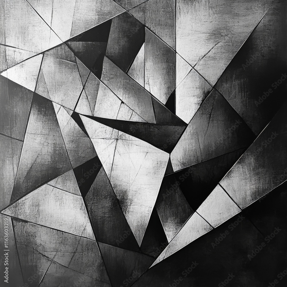 Poster abstract grayscale geometric art with sharp angles and textured surfaces. (1)