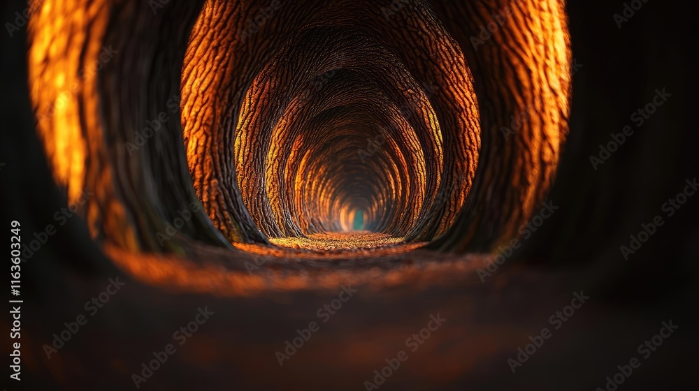 Poster mystical trees concept. a captivating pathway through a tree tunnel illuminated by warm orange light