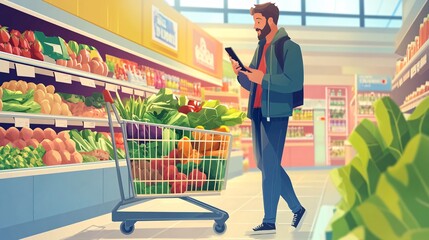 A young Caucasian man shopping for fresh groceries in a vibrant supermarket.