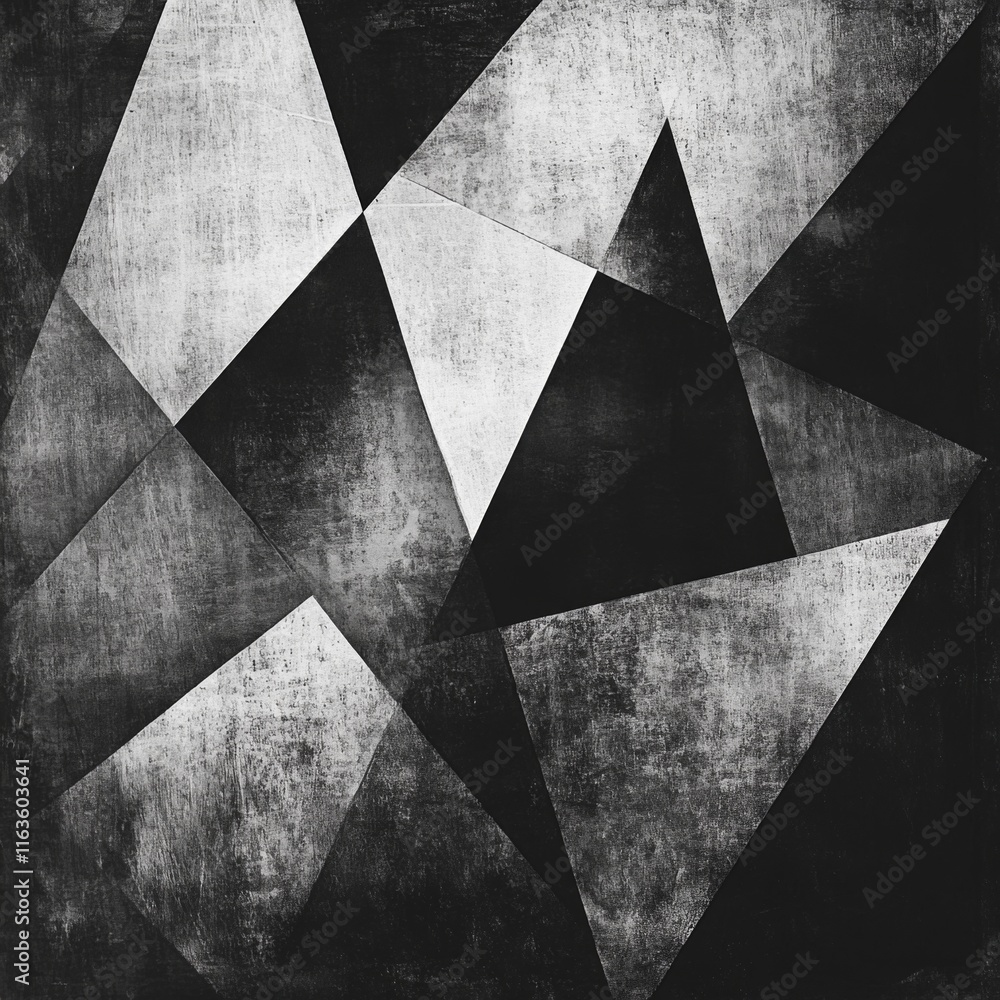 Poster abstract grayscale geometric pattern with textured triangles.