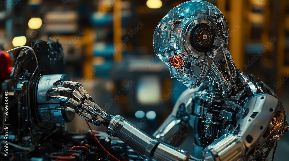 Poster advanced robot assembling machinery in a high-tech industrial environment