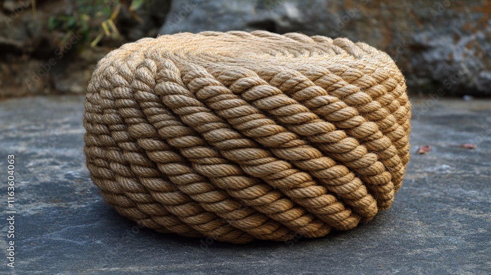 Poster creative rope art forms an intriguing circular sculpture resting on a textured stone surface in a na