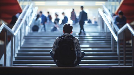 A young Hispanic male student sits on a staircase, observing others in a bustling academic environment.