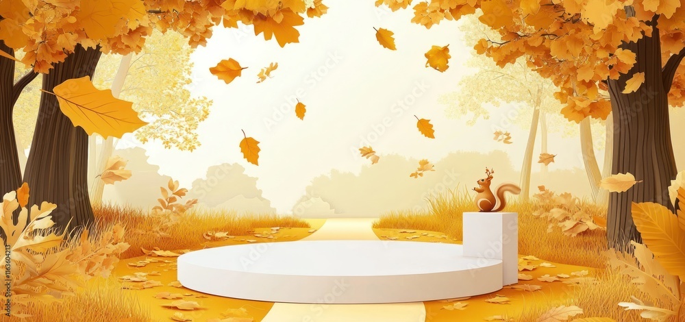 Poster Autumnal forest scene with a white platform and squirrel.