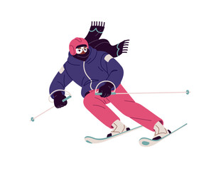 Sportsman in helmet and with poles fast rides on skies in competition. Professional skier is in snow race. Athlete of winter sport contests. Flat isolated vector illustration on white background