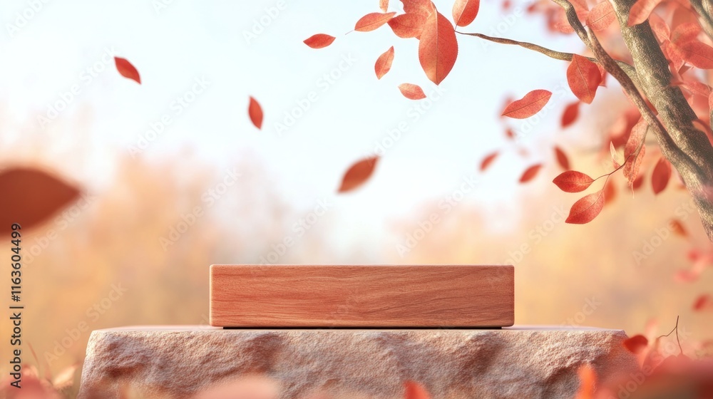 Poster wooden block on stone in autumnal setting with falling leaves.