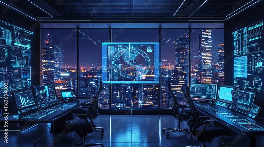 Poster a futuristic control room with multiple high-tech screens showcasing data analytics against a city s