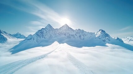 Obraz premium Majestic snowy mountain peaks, glaciers cascading down, illuminated by dramatic light, showcasing nature's grandeur and serenity