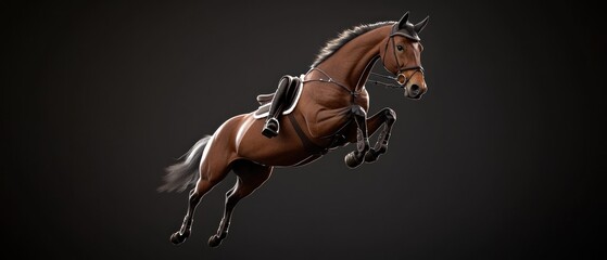 Brown horse mid-jump, equestrian sport.