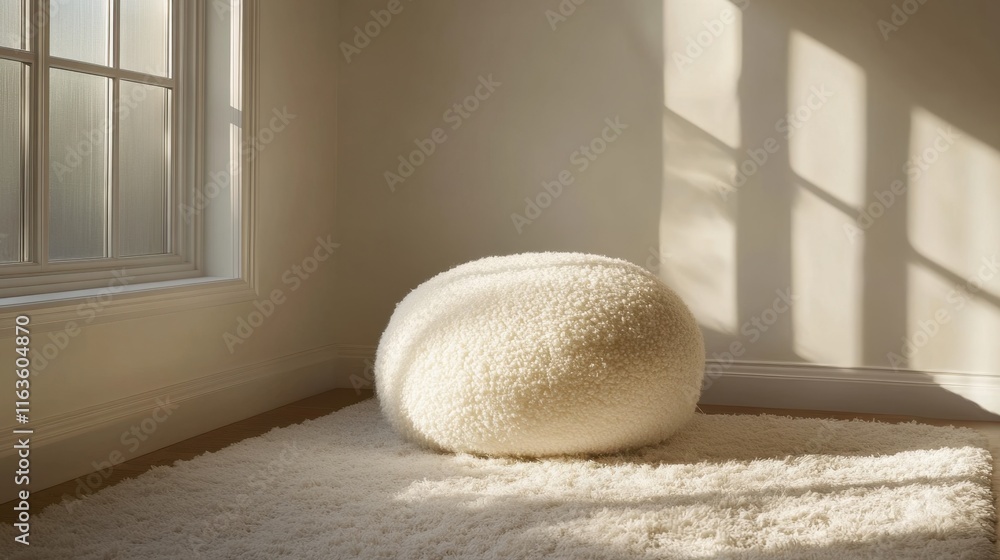 Poster soft and inviting texture of a plush pouf in a sunlit corner creating a cozy atmosphere in a serene 