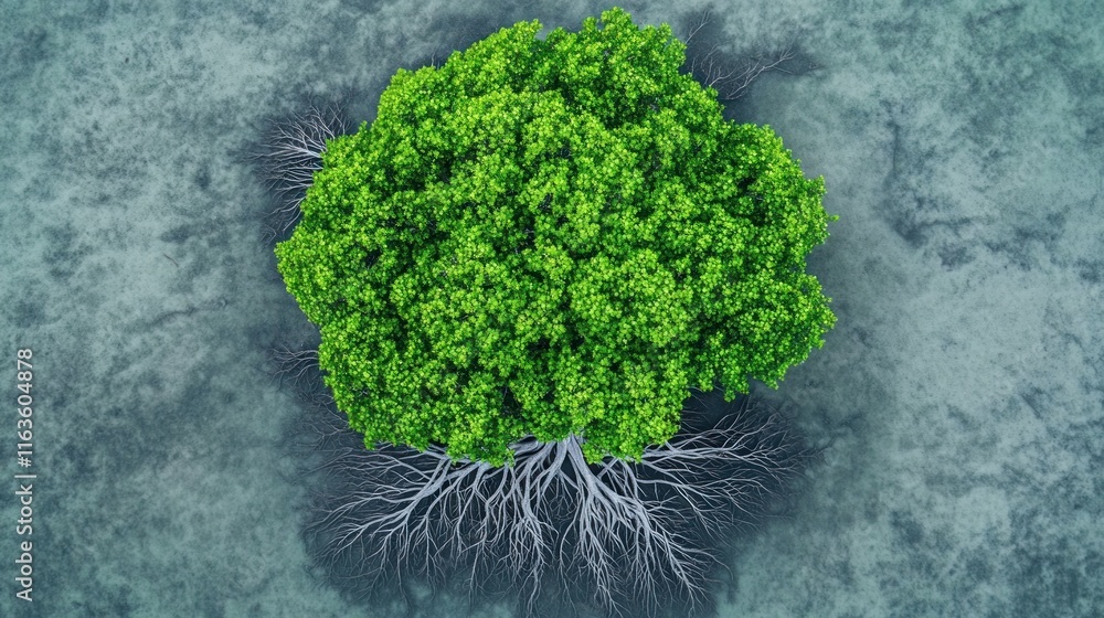 Poster aerial view of lush green tree with exposed roots on muted teal ground.