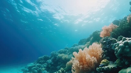 Naklejka premium Vibrant coral reef ecosystem, diverse marine life, crystal clear tropical waters, aerial perspective showcasing underwater beauty