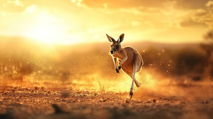 Kangaroo in Motion, agile kangaroo leaping across the vibrant Australian outback, warm earthy tones capturing the essence of the wild