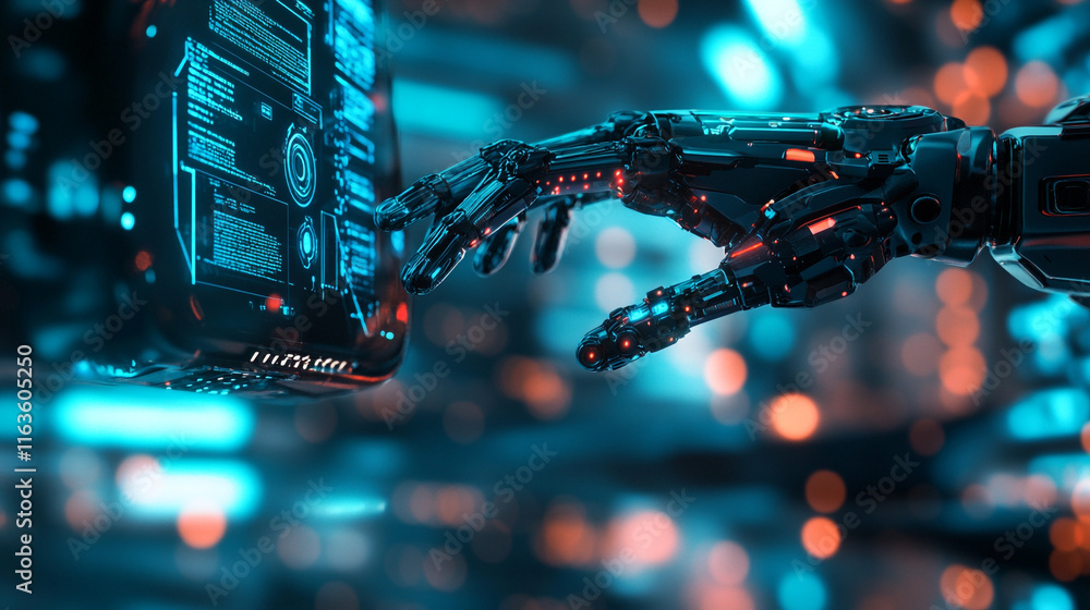 Poster futuristic robotic hand interacting with a digital display in a high-tech environment