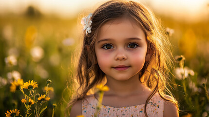 Fototapeta premium Young girl in a flower field during golden hour captures serene beauty and innocence