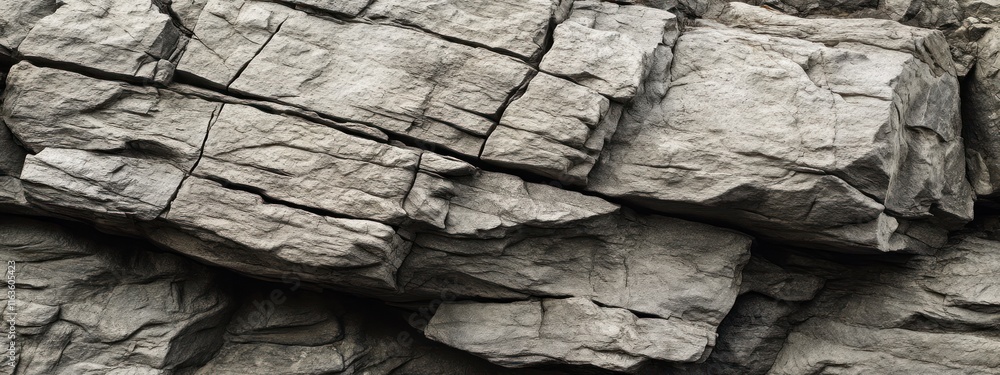 Aufkleber Close-up of rough, grey, fractured rock surface with deep crevices and textures.