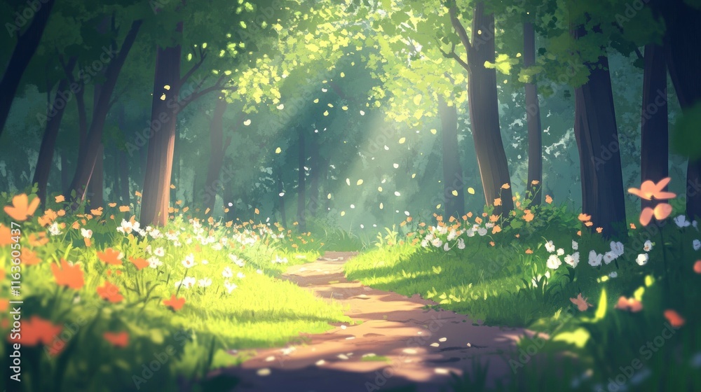 Poster sunlit path through lush green forest with wildflowers. (2)