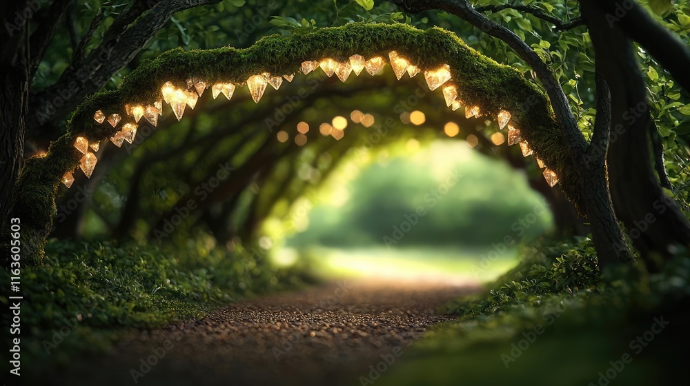 Poster mystical trees concept. a serene forest path illuminated by soft light creates a magical atmosphere.