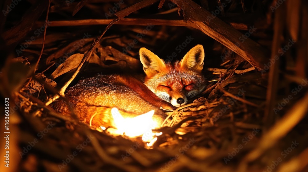 Poster red fox sleeping peacefully in its den at night, illuminated by soft light.