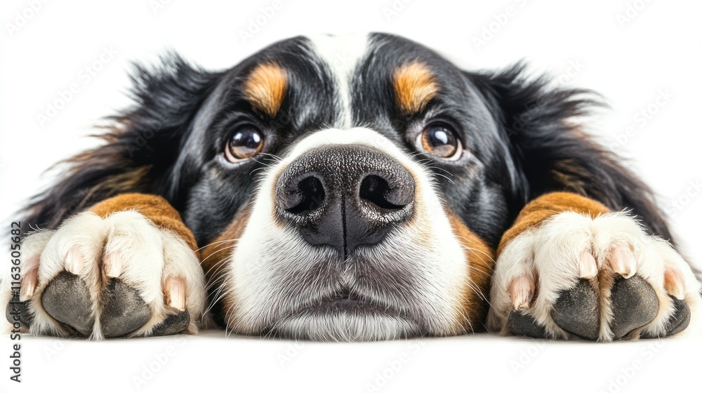 Poster close-up of a bernese mountain dog resting its paws on a white surface, looking directly at the came