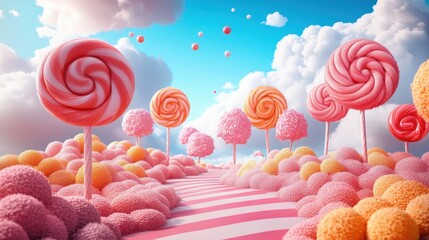 Dreamy landscape of whimsical candy trees and fluffy clouds creating a sugary paradise under a vibrant blue sky