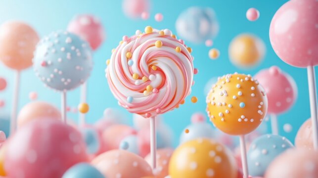 Colorful lollipops dancing in a whimsical candy world filled with sweet treats and joyful delights during a sunny day