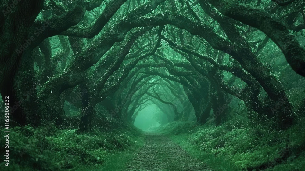 Poster mystical trees concept. a mystical forest with dense, twisted trees creating a green, enchanting tun