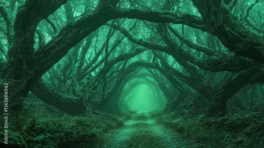 Poster mystical trees concept. a mysterious green forest path surrounded by twisted trees and ethereal ligh