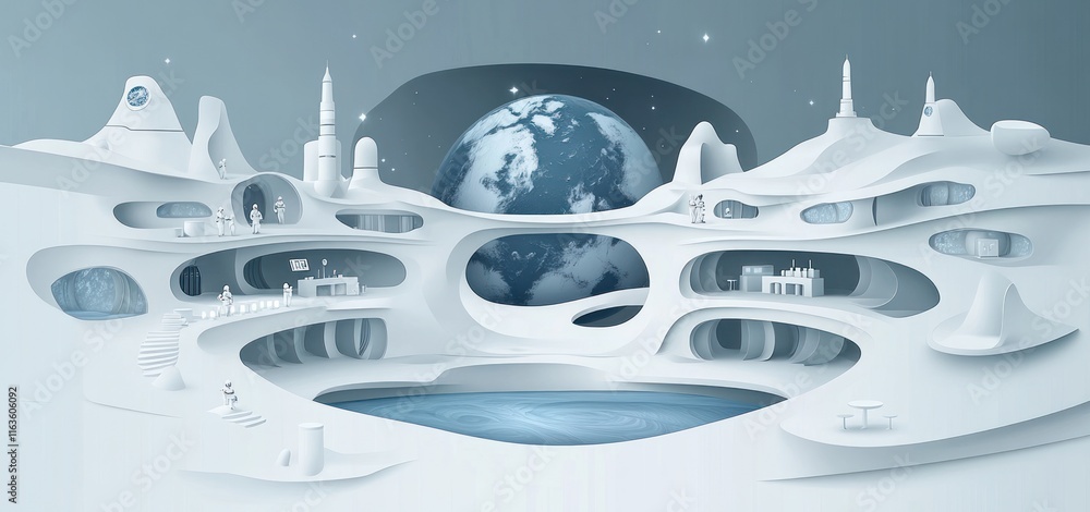 Poster futuristic moon base with earth view, featuring organic architecture and space travel elements.