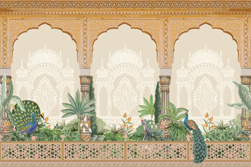 Indian Mughal style Jaipur palace garden, temple, arch with column, tropical plant, peacock, bird, floral decorative frame, border for greeting card, background. Mughal pichwai garden illustration.