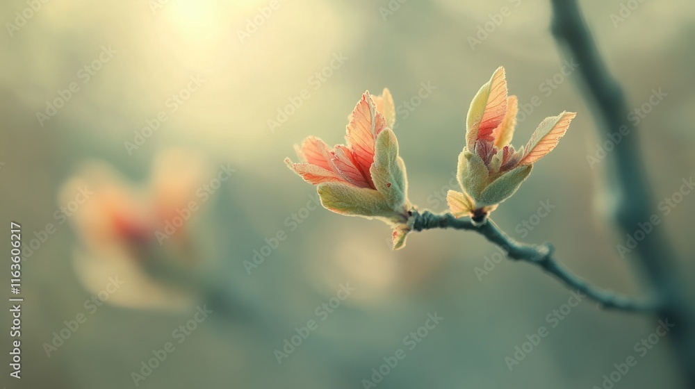 Poster two delicate spring buds on a branch, backlit by warm sunlight, shallow depth of field.
