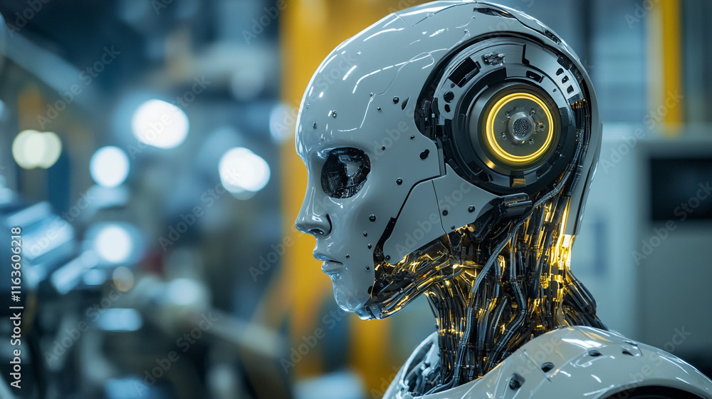 Poster futuristic robot head with intricate circuitry in a high-tech industrial setting