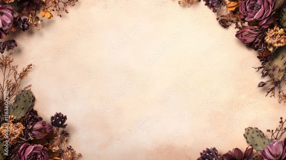 Poster dried flowers frame on beige background with copy space.