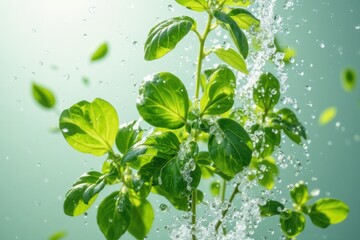 Fresh Green Herb with Water Bubbles on Soft Green Background
