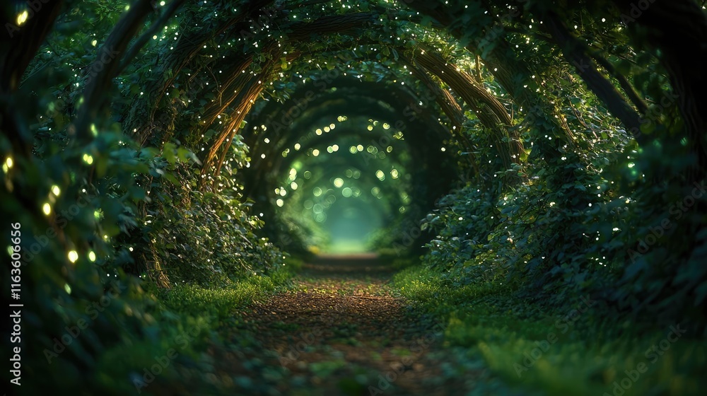 Poster mystical trees concept. magical forest pathway illuminated by glowing lights, inviting tranquility a