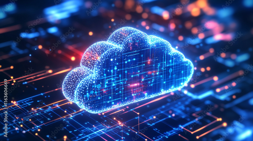 Aufkleber digital cloud network glowing with data connections and technology elements during night