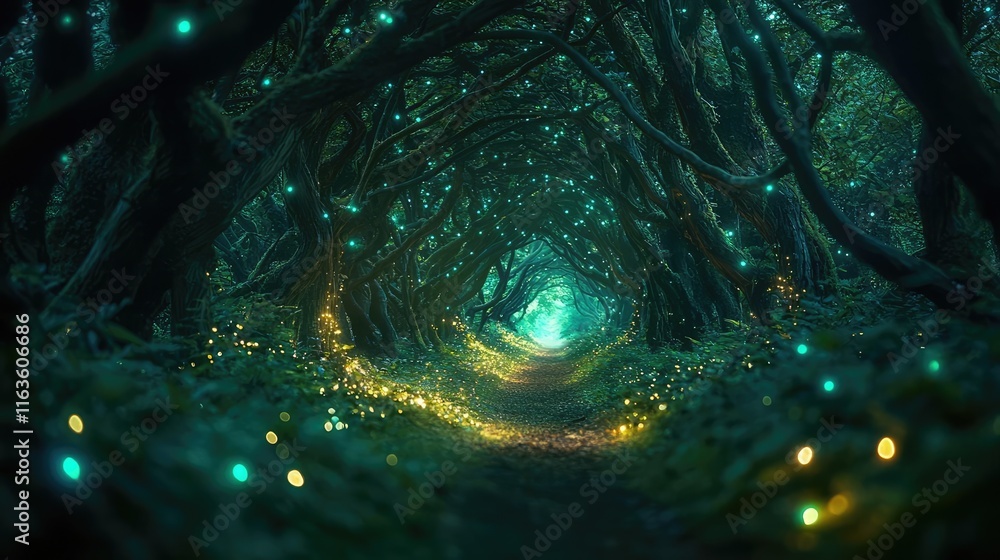 Poster mystical trees concept. a magical forest path illuminated by glowing lights and surrounded by lush g
