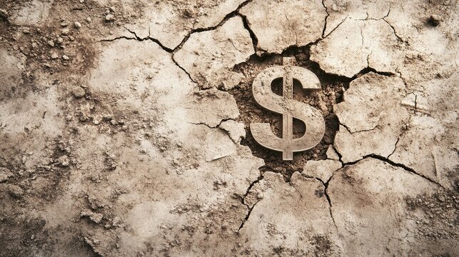 Fractured Financial Landscape, depicting a shattered economy with broken dollar signs symbolizing financial instability and uncertainty