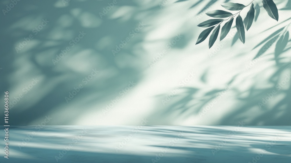 Aufkleber Light teal studio background with leaf shadows and empty surface.