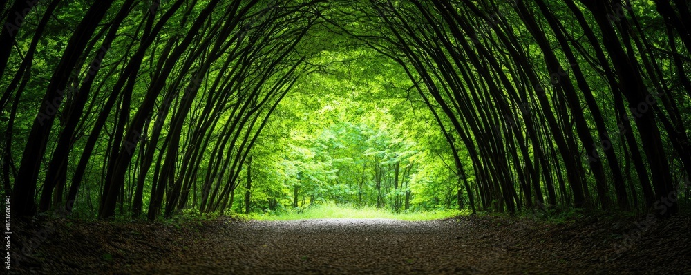 Poster mystical trees concept. a serene forest path surrounded by lush green trees creating a natural canop