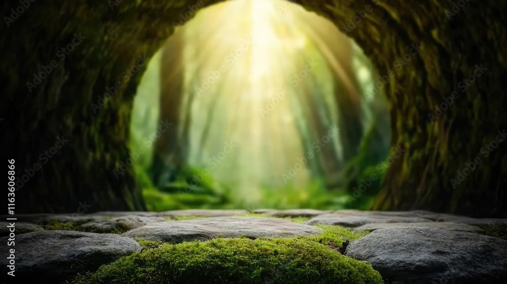 Poster mystical serene idea. peaceful forest pathway illuminated by soft sunlight filtering through the tre