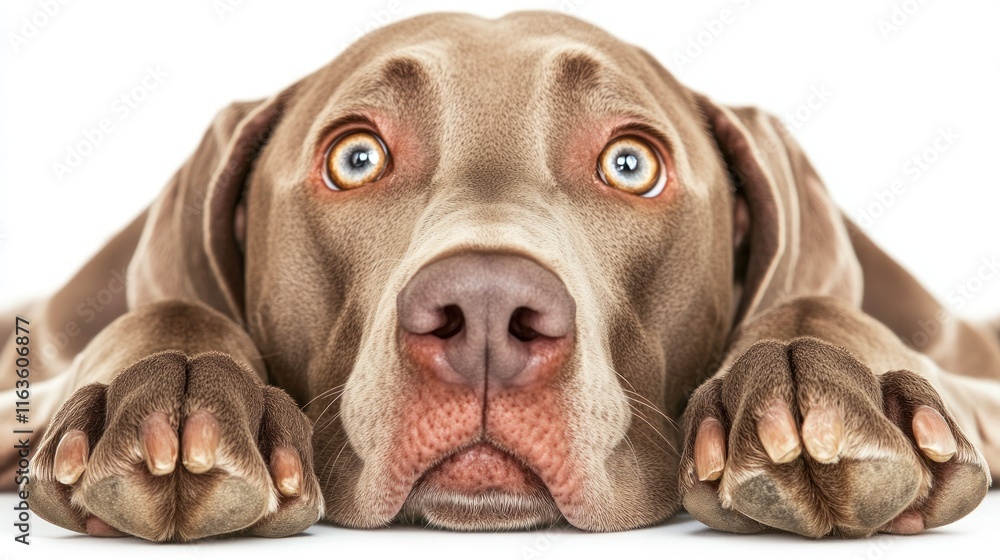 Poster close-up of a weimaraner dog lying down with big, expressive eyes looking directly at the camera aga