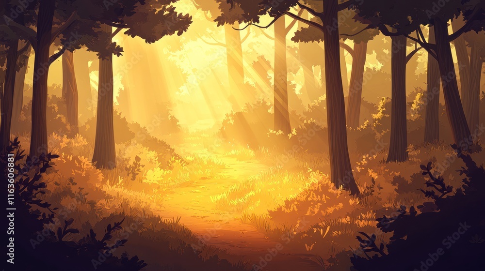 Aufkleber sunbeams illuminate a path through a tranquil forest, creating a magical, golden atmosphere.