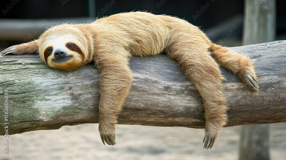 Poster relaxed sloth hanging on a tree branch.